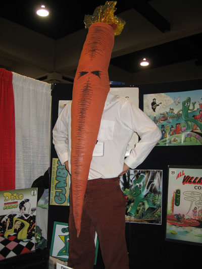 Carrot man promoting a new comic